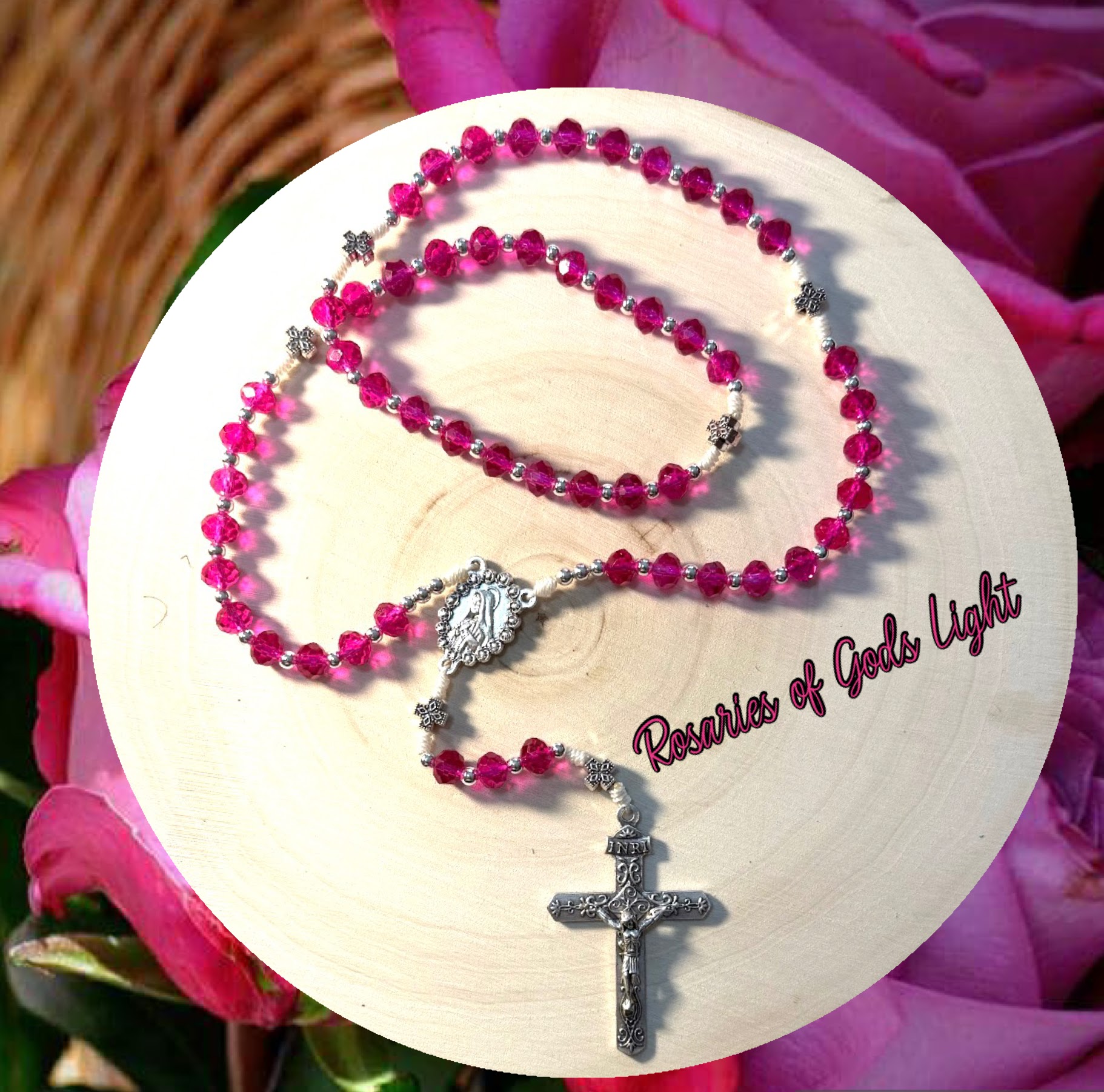 Handmade pink crystal rosary with silver crucifix and Miraculous Medal center